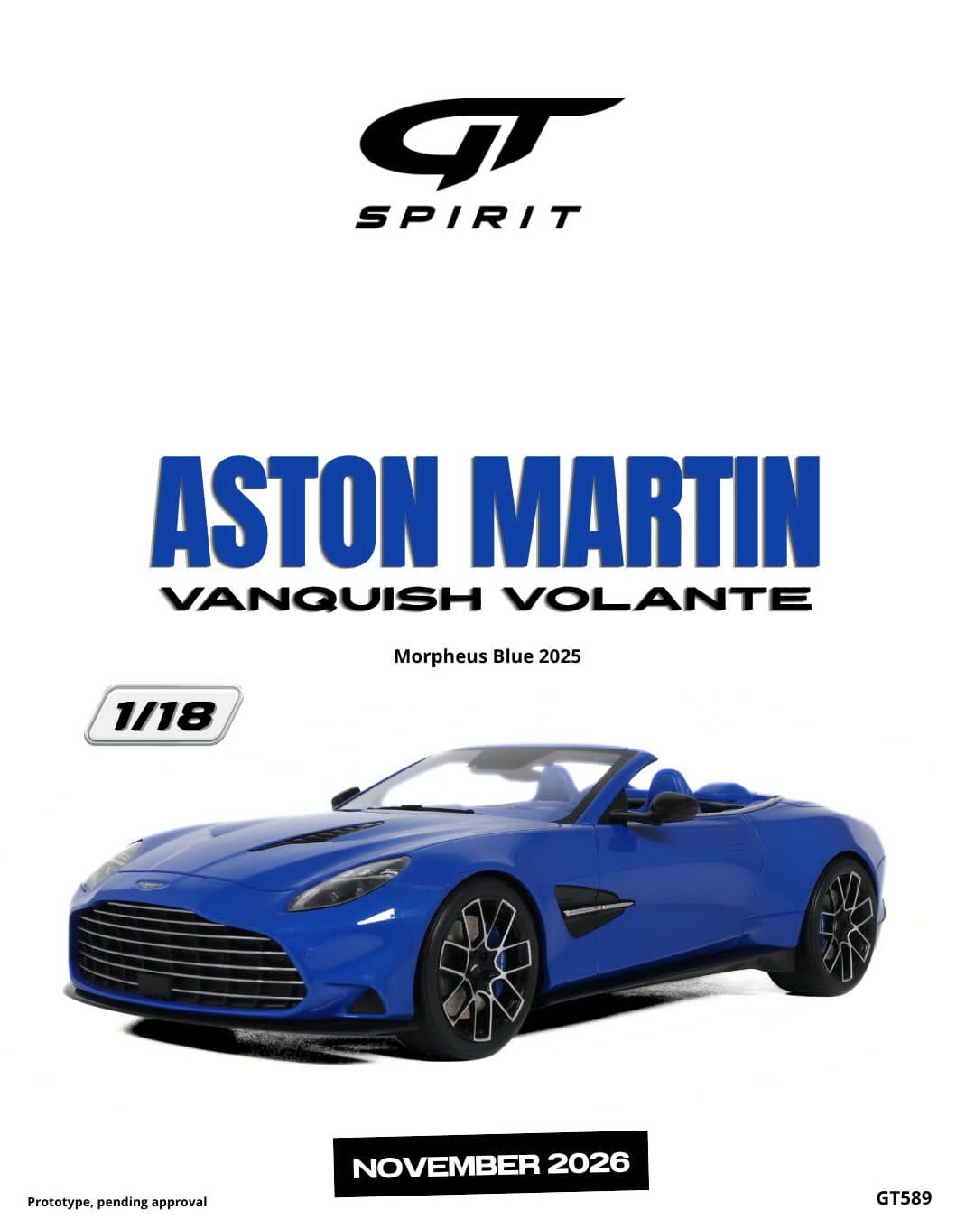 預訂 (訂金$300) (預訂價$801):1/18 GT SPIRIT ASTON MARTIN VANQUISH VOLANTE MORPHEUS BLUE 2025 (GT589)
