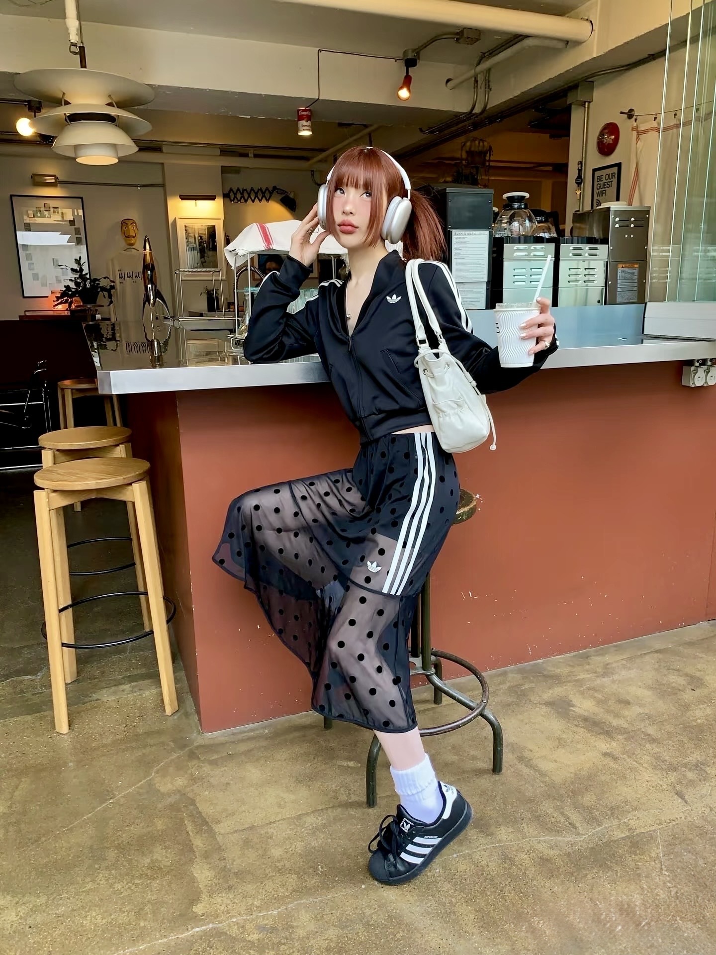 <點陣美學💖> Adidas Originals透薄波點半身裙 白/黑