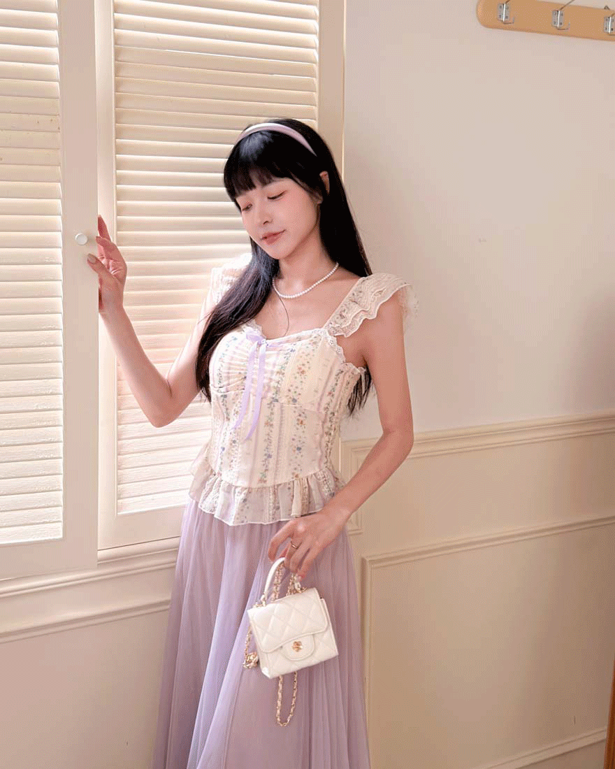 LINA LINA微甜可人碎花蕾絲蝴蝶結BRA TOP上衣-浪漫紫