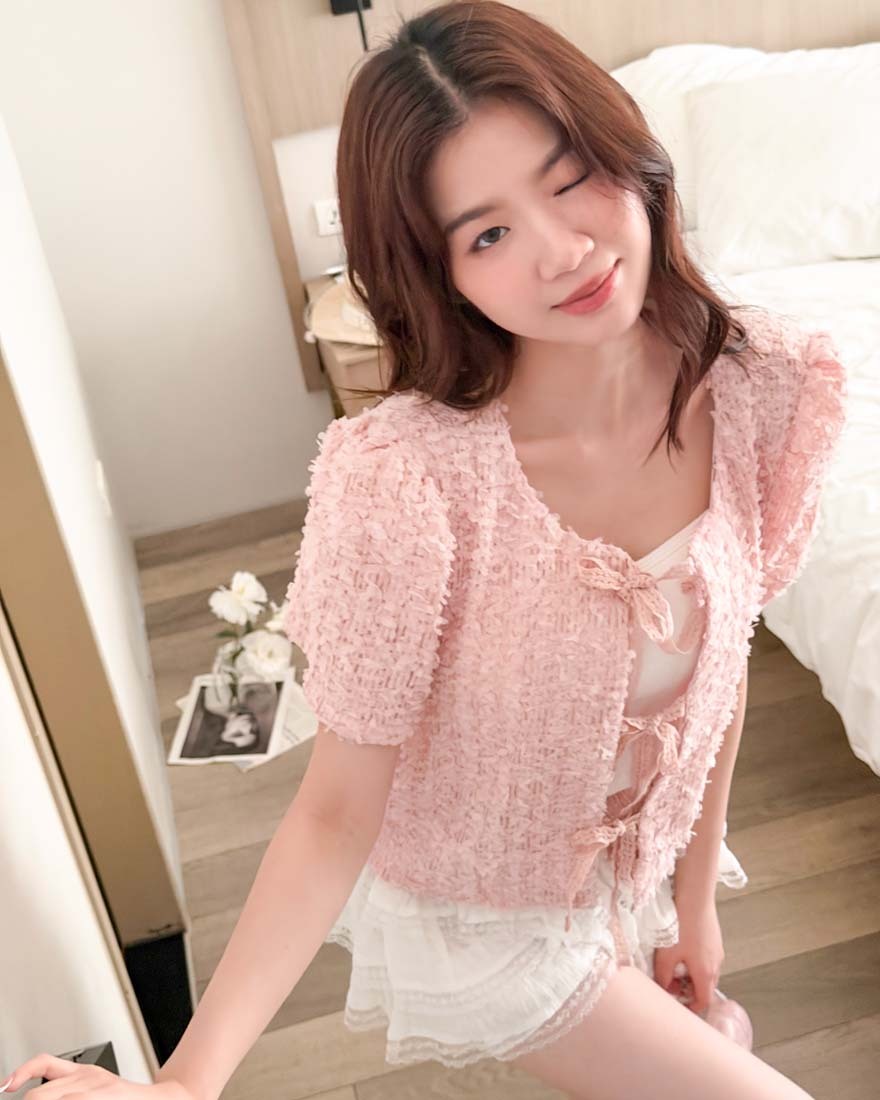 LINA LINA高貴迷戀立體雪花感波點綁結外套-甜美粉
