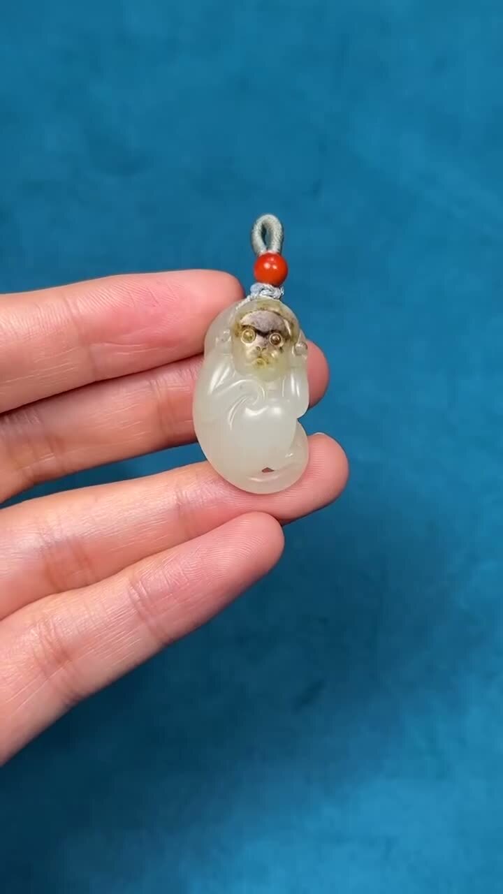 和田玉籽料靈猴獻壽,天然和田玉軟玉