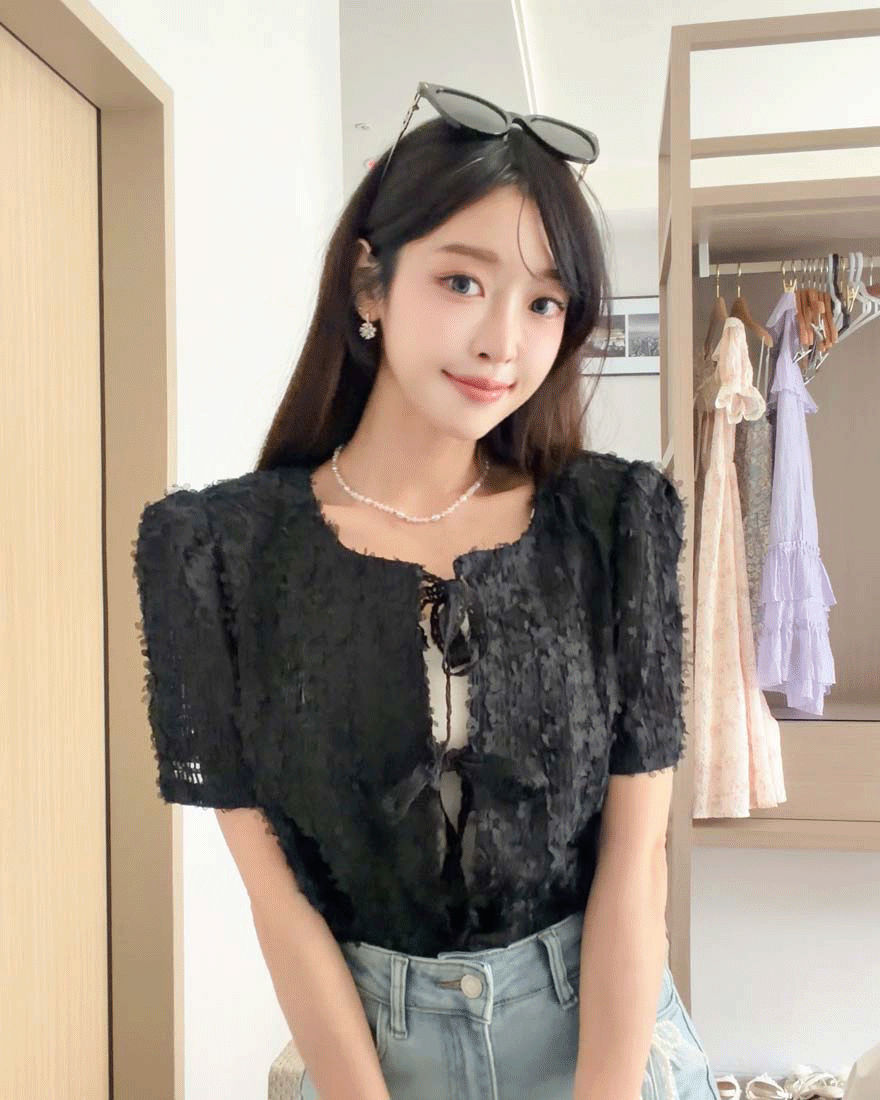 LINA LINA高貴迷戀立體雪花感波點綁結外套-貴氣黑