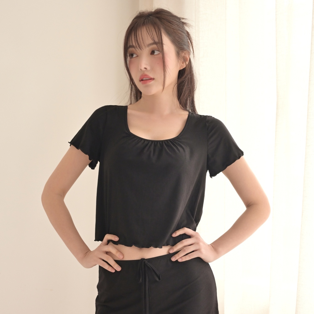 SET【Chu Mii．Night Bra】Double C Ribbed Jersey Ruffle Hem Pyjamas (Midnight Black)