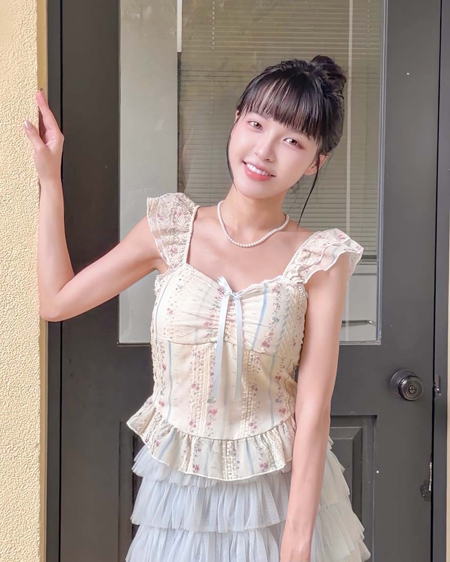 LINA LINA微甜可人碎花蕾絲蝴蝶結BRA TOP上衣-清新藍