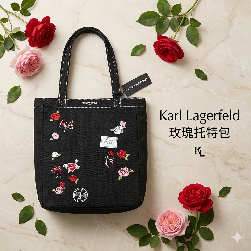 【預購】Karl Lagerfeld H050504 玫瑰托特包（黑色）