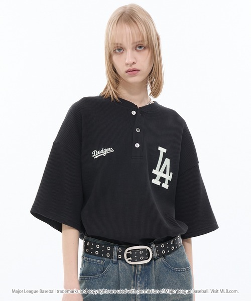 日本🇯🇵連線 MONO-MART x MLB 刺繡華夫格亨利領短袖T恤 寬鬆 落肩 oversized 短袖 T恤 7款(任買兩件711免運)/預購
