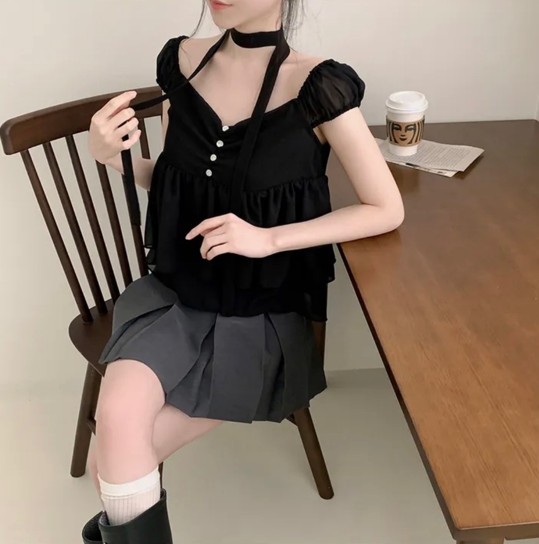 【優惠延長17.5 截單！首批優惠價預訂】韓國仙氣多層次雪紡短袖上衣（3色）