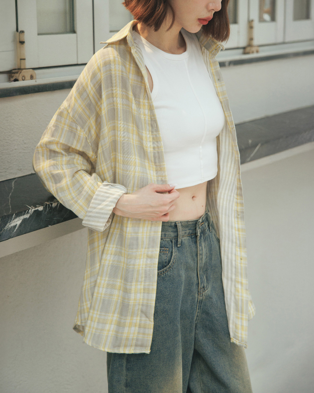 Color-blocked plaid wide-sleeved shirt, available in three colors【01025837】in stock+pre-order