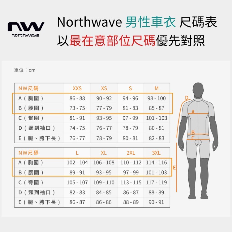 Northwave 男性尺寸表