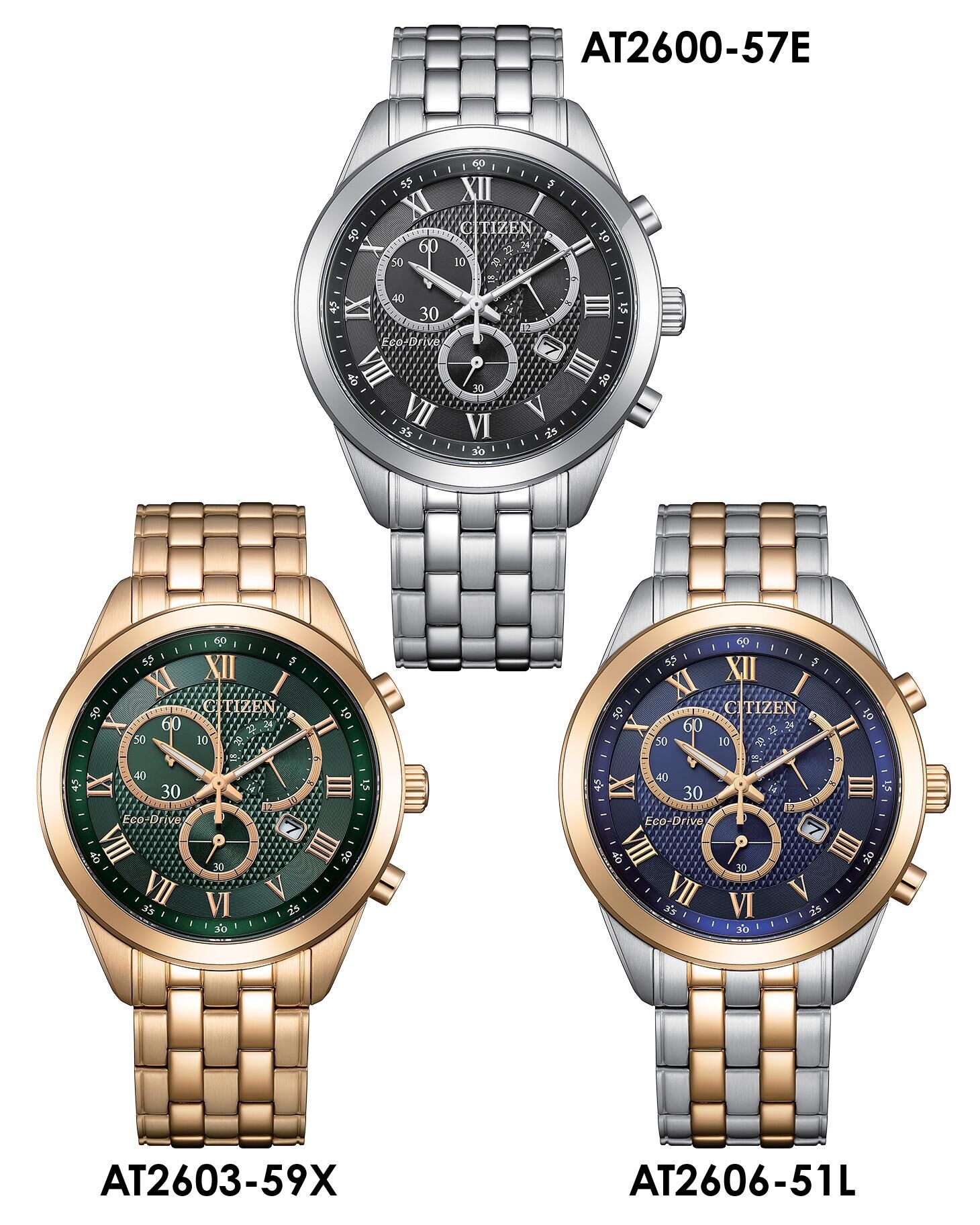 行貨 星辰  Eco-Drive Chronographs  黑色面  AT2600-57E, 綠色面 AT2603-59X, 藍色面.AT2606-51L  光動能計時表