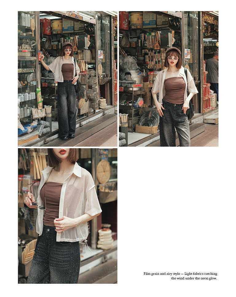 Glittery, pleated, sheer mesh cropped shirt, available in two colors.【01025724】in stock+pre-order