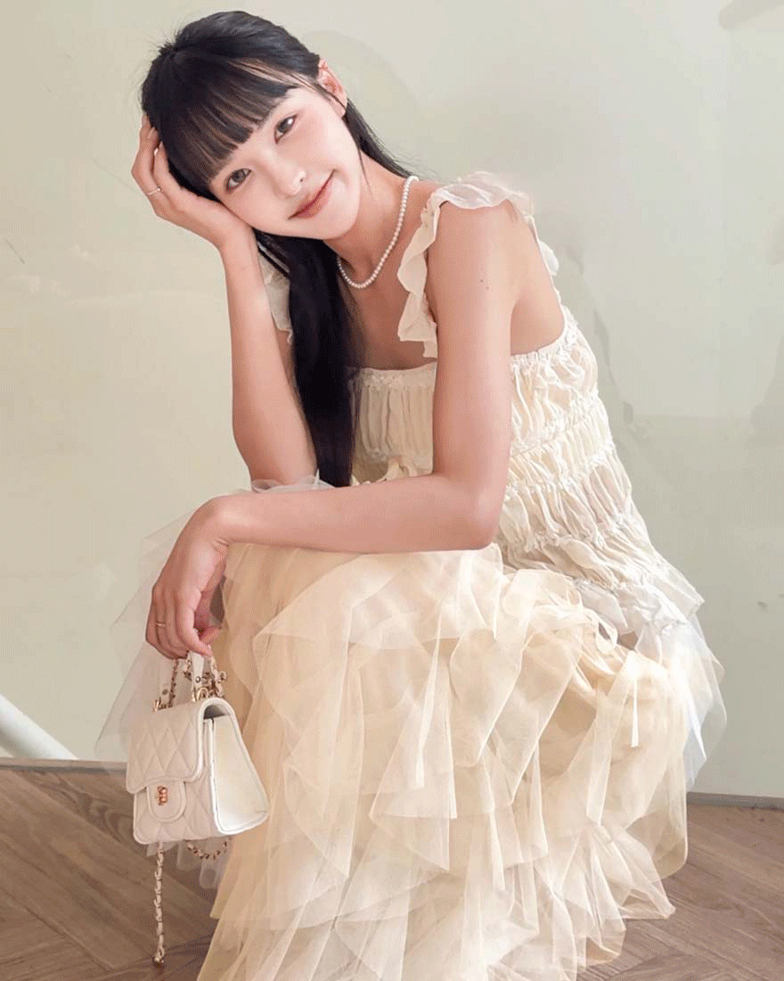 可愛指南小香風山茶花菱格織紋鍊條方包-珍珠白
