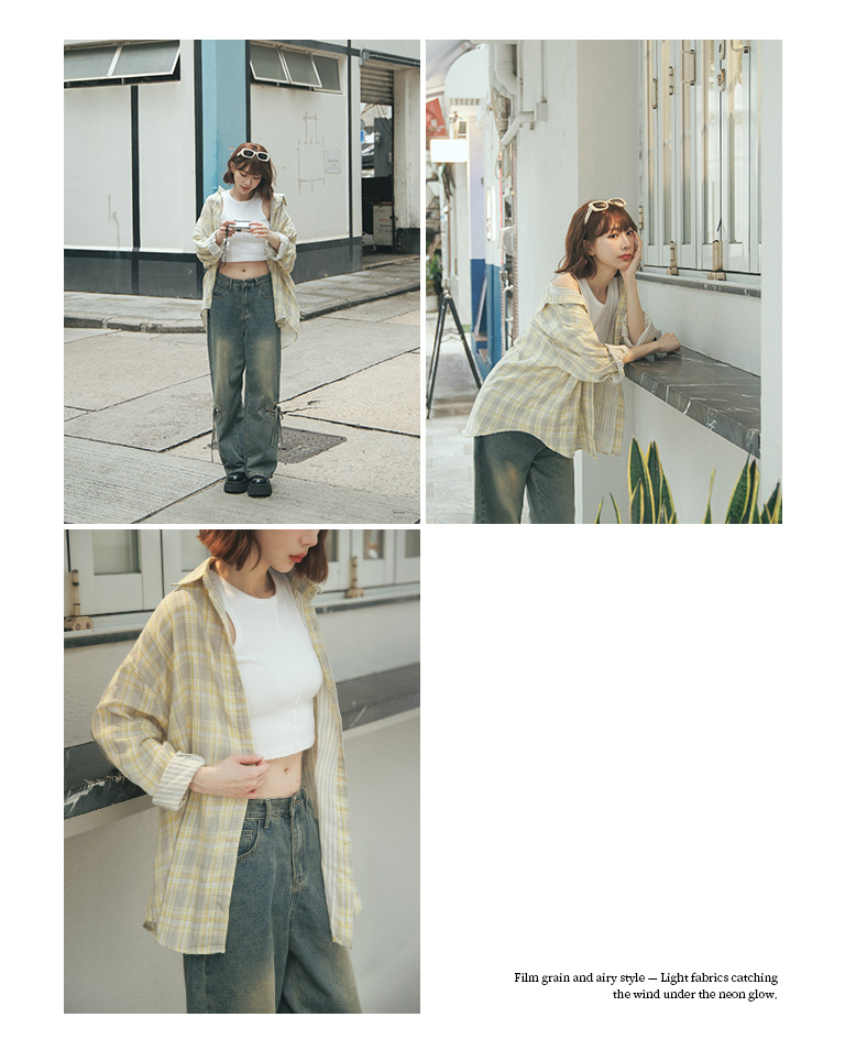 Color-blocked plaid wide-sleeved shirt, available in three colors【01025837】in stock+pre-order