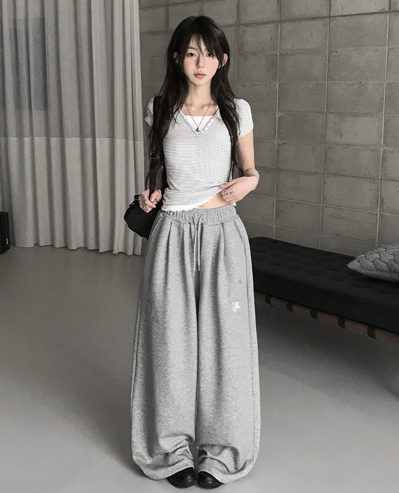 【預購】韓國 Loonough 閃亮雙星 星型 刺繡 寬褲 棉褲 長褲