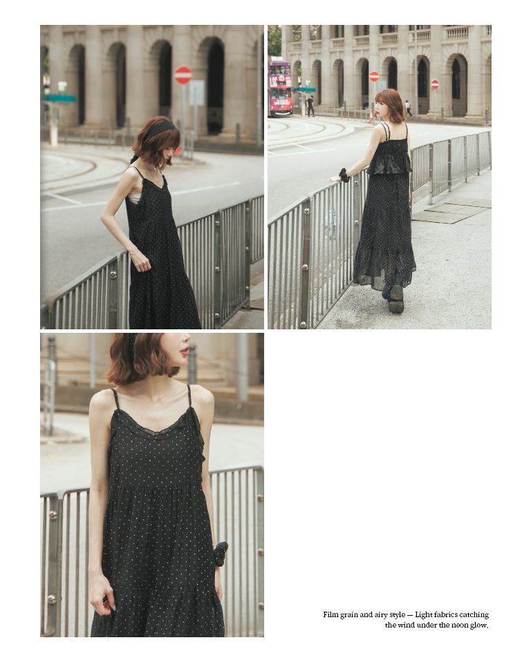 All-over polka dot long dress with hair tie, available in two colors.【01087334】in stock+pre-order