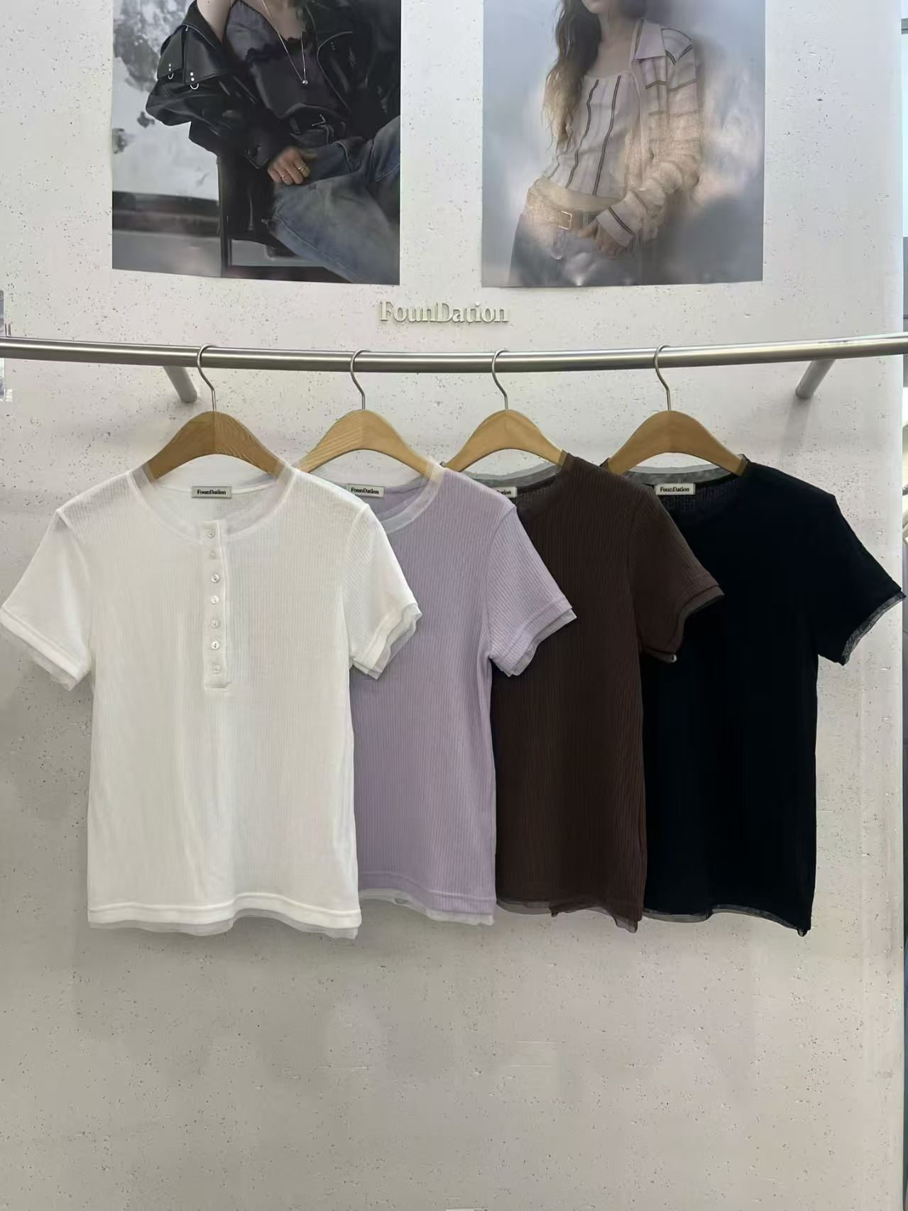 FD6215 拼雪紡紗亨利領棉Tee