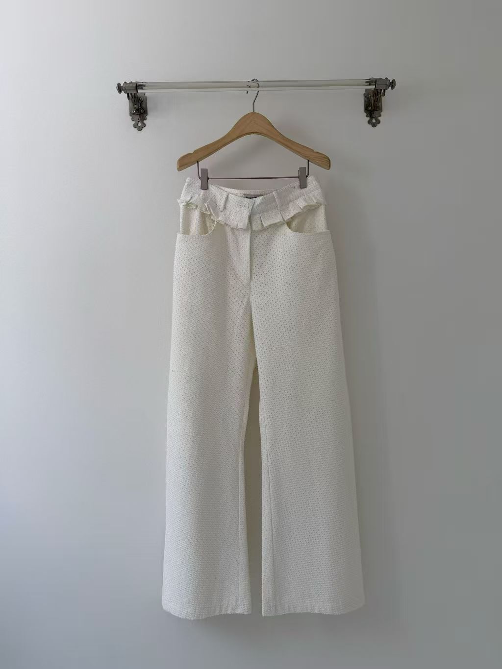 FD6224 荷葉拼邊Tweed直筒休閑褲