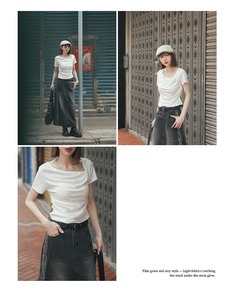Asymmetrical collar, irregularly shaped, ruched short-sleeved top, available in three colors.【01099761】in stock+pre-order