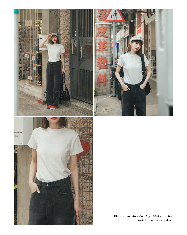 Simple solid color round neck short-sleeved fitted top, available in seven colors.【01190376】in stock+pre-order
