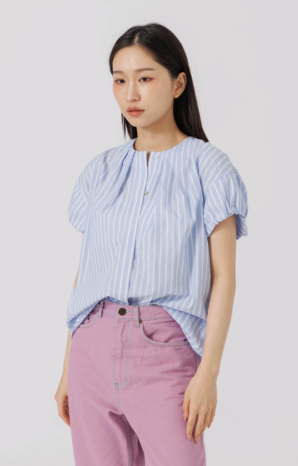 Leonie 摺領條紋上衣 - 藍白