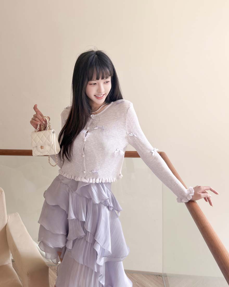LINA LINA甜美情詩蝴蝶結荷葉滾邊珍珠釦外套-柔美紫