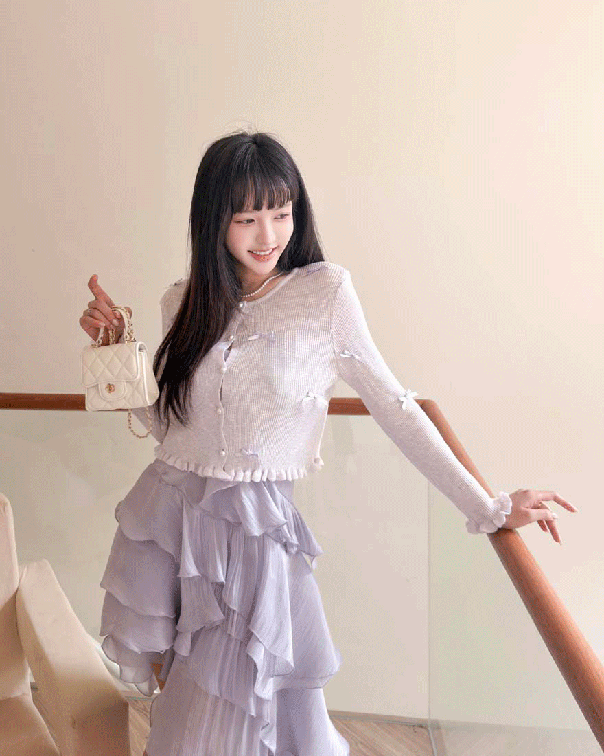 LINA LINA甜美情詩蝴蝶結荷葉滾邊珍珠釦外套-柔美紫