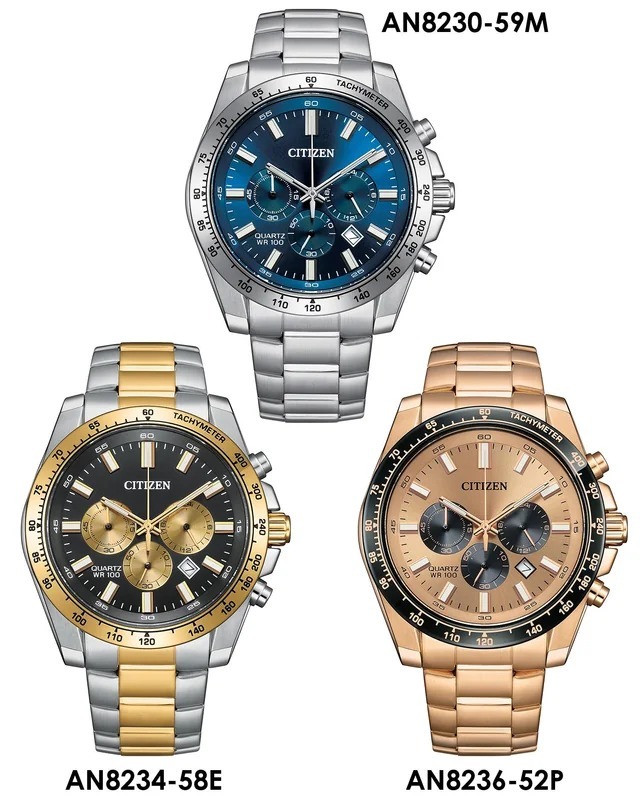 行貨 星辰 Citizen Quartz Chronographs -藍色面 AN8230-59M,黑色面 AN8234-58E, 金色小錶盤 AN8236-52P 石英計時表