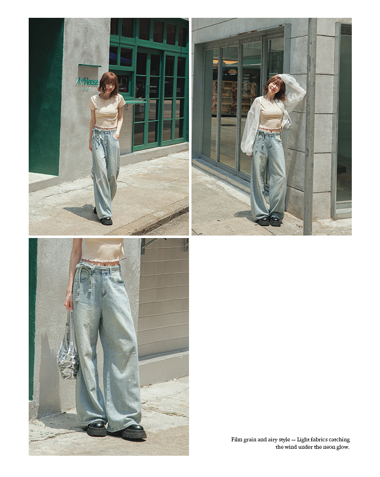 All-over rhinestone denim jeans with laces. Available in two colors, sizes S/M/L.【04011884】in stock+pre-order