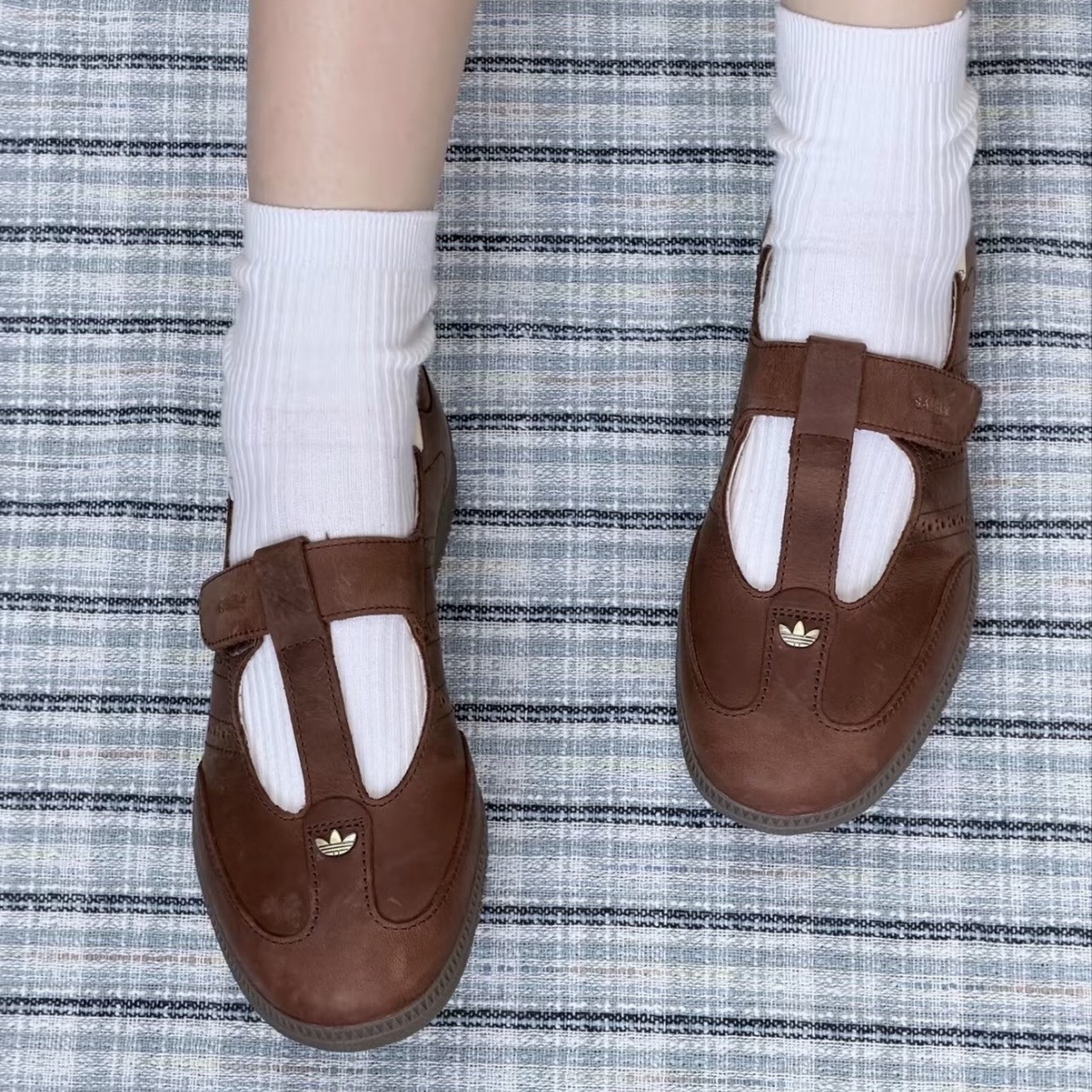 ADIDAS SAMBA JANE 棕色 瑪莉珍 皮革 牛皮系列 魔鬼氈 金標 復古 HP7130