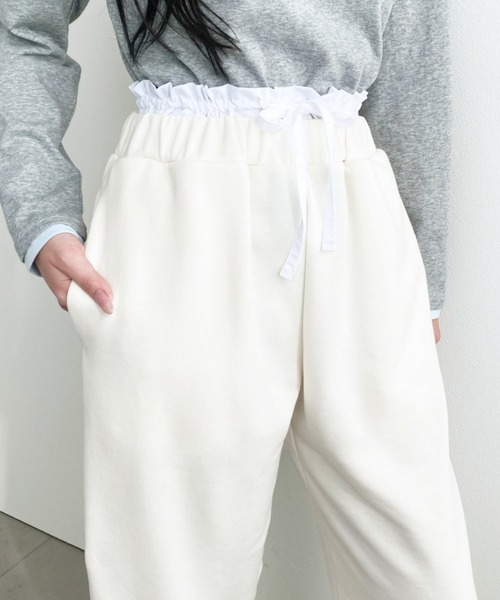 日系品牌服飾 moment+ 荷葉邊雙層拼接腰帶運動棉褲 運動褲 棉褲 荷葉邊 長褲 寬褲 直筒褲 休閒褲 3色(任買兩件711免運)/預購