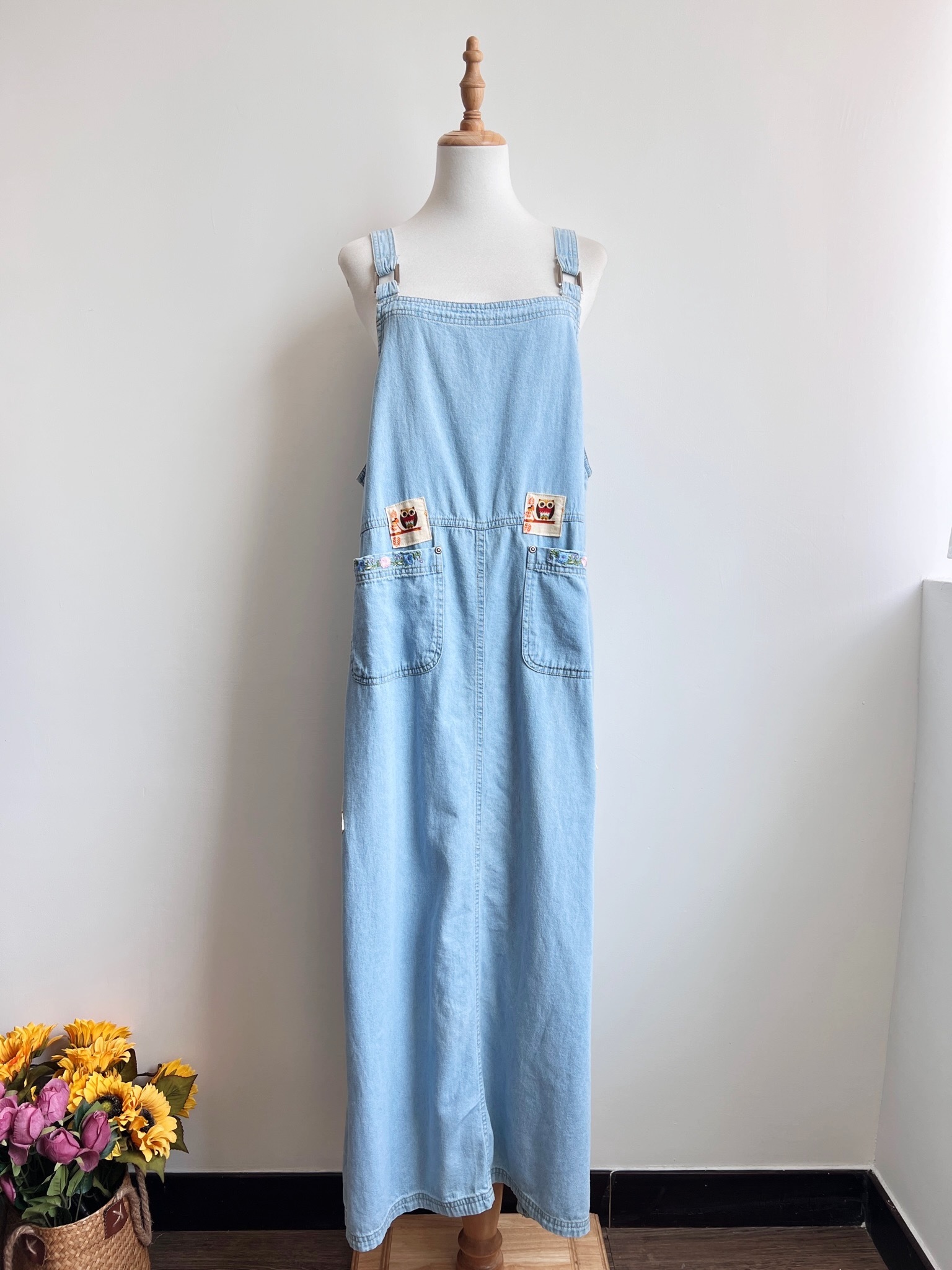 可愛貓頭鷹刺繡吊帶牛仔裙