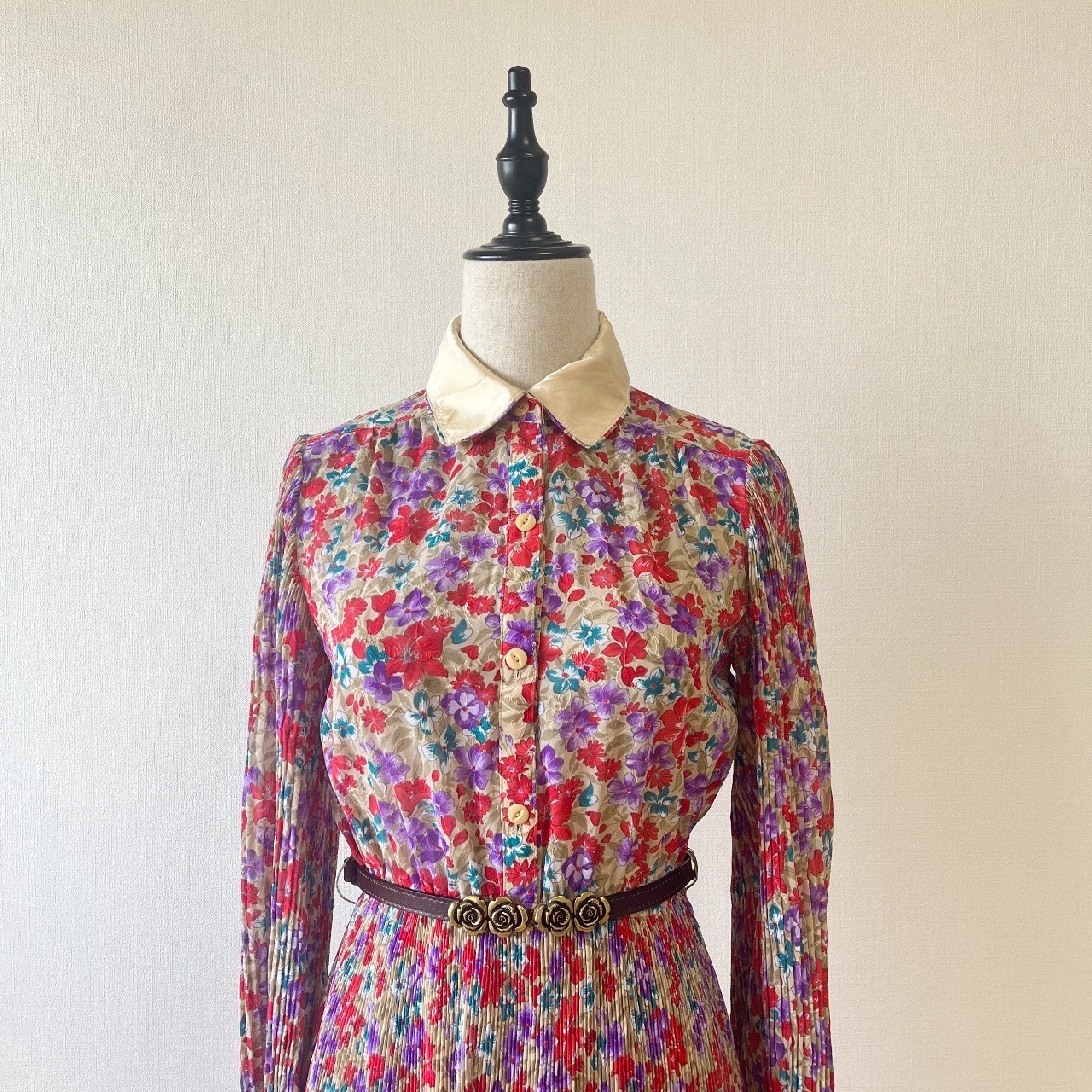 香檳金色刺繡花卉古著連身裙