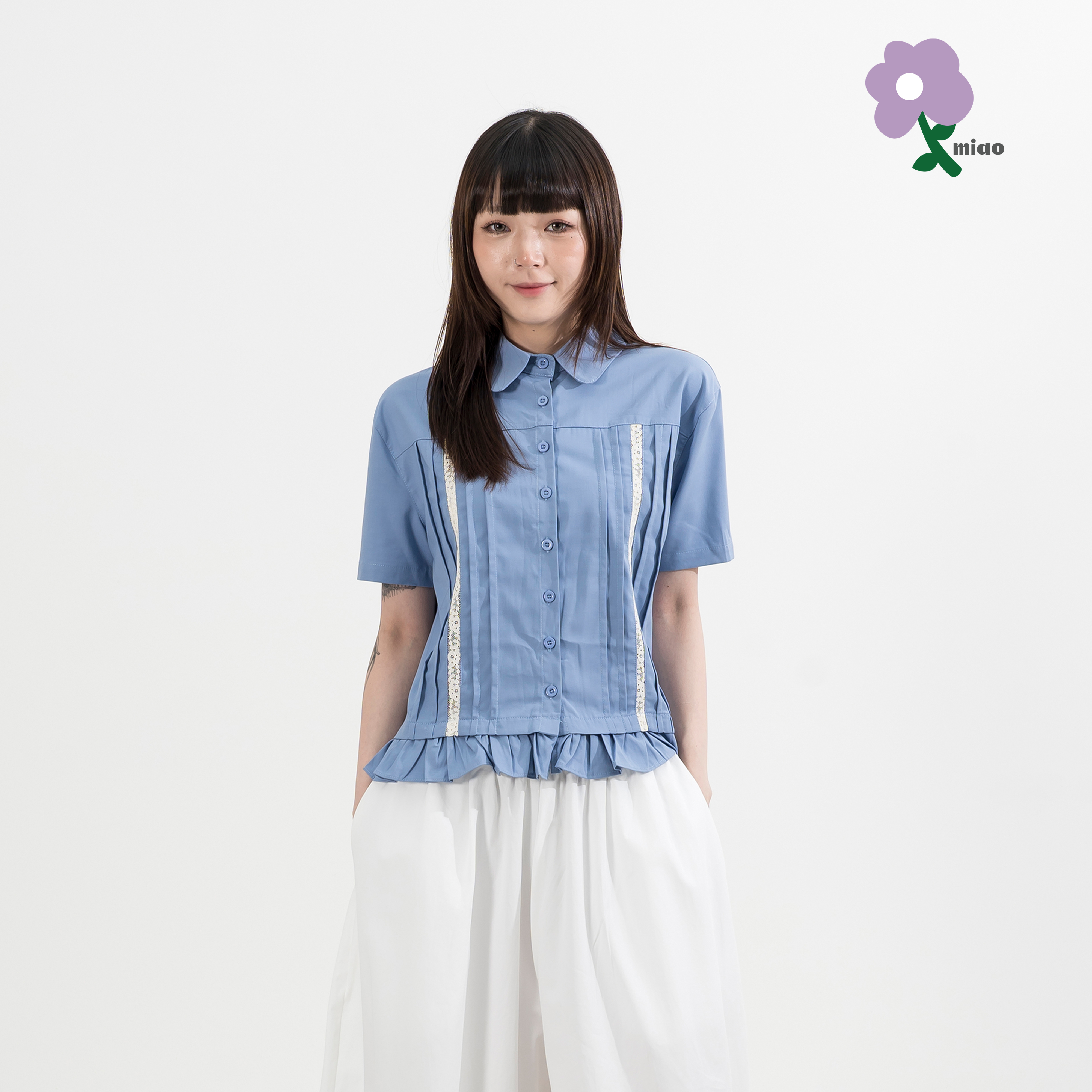 AGILITY MIAO Lace Pleated Shirts 蕾絲褶線 短袖襯衫 [M-SL6]