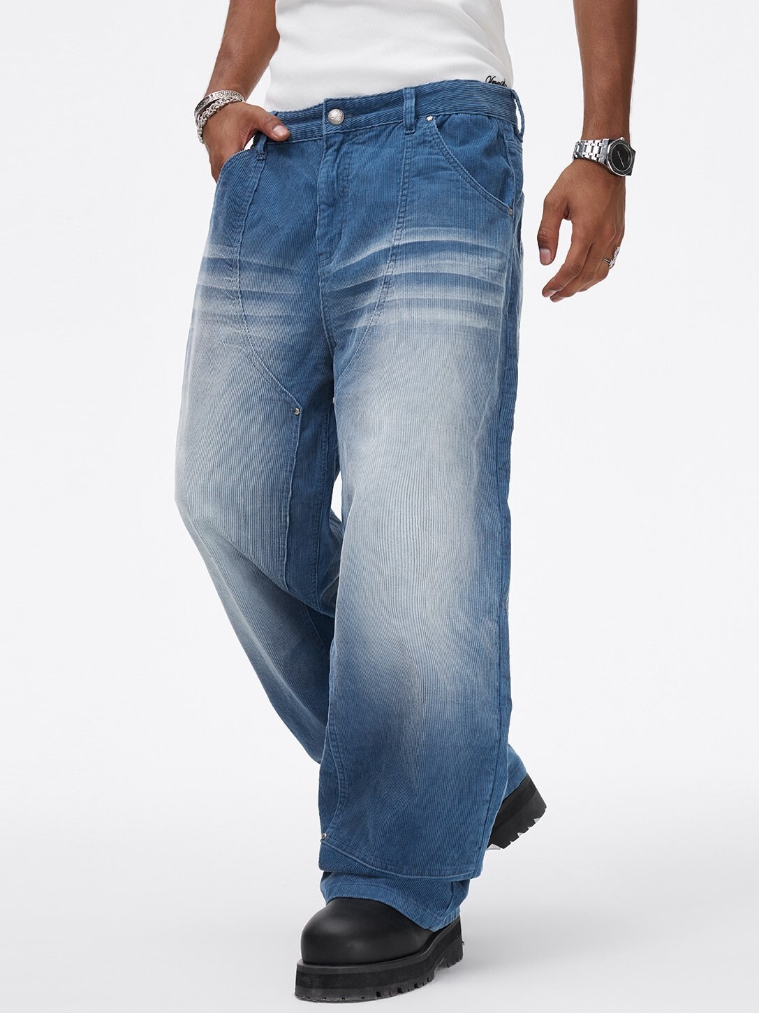 STK SmallTownKid Washed Distressed Corduroy Straight Leg Trousers