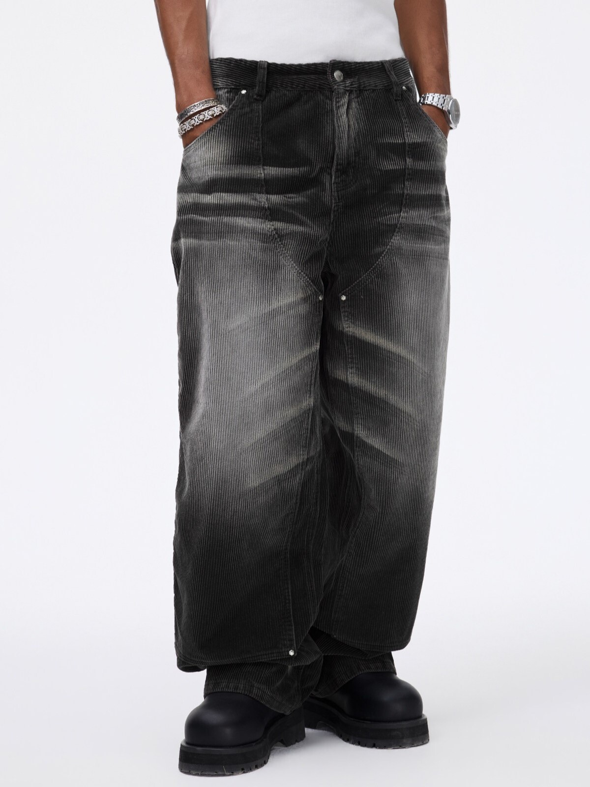 STK SmallTownKid Washed Distressed Corduroy Straight Leg Trousers