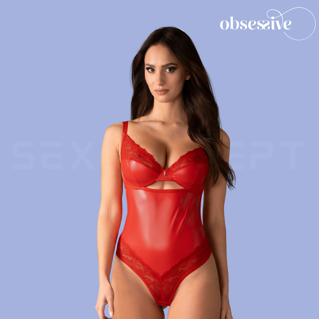 Obsessive - Aliosa 仿皮可開襠亮面蕾絲連體衣 (S/M/L/XL/XXL/XXXL)