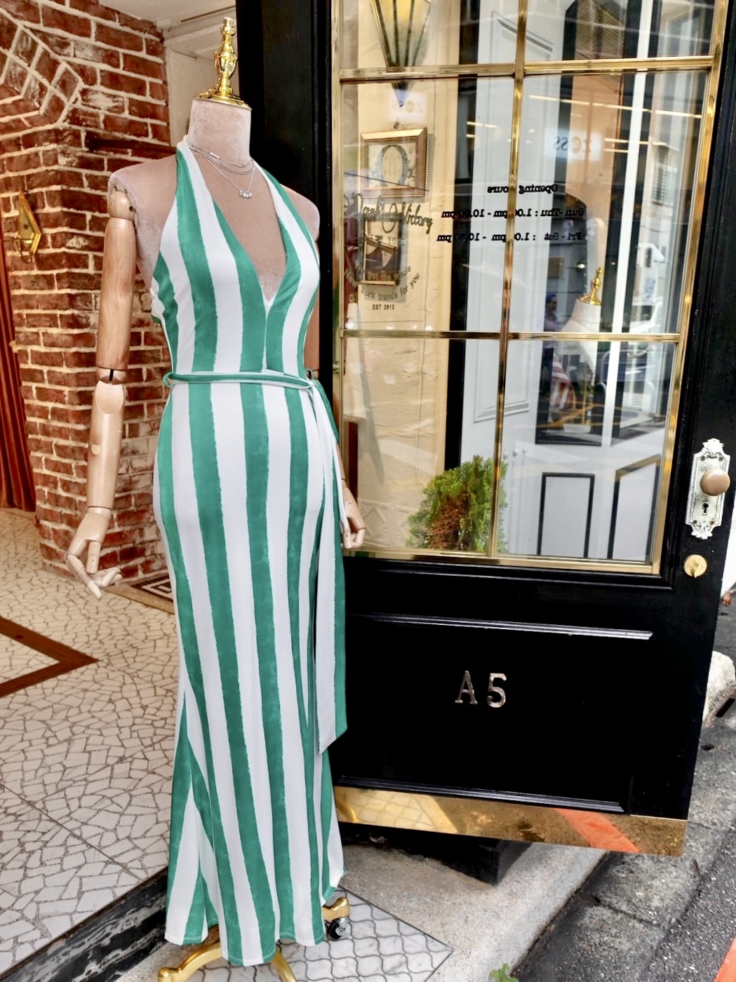 Green White綠白色條紋印花綁帶腰飾Maxi Dress