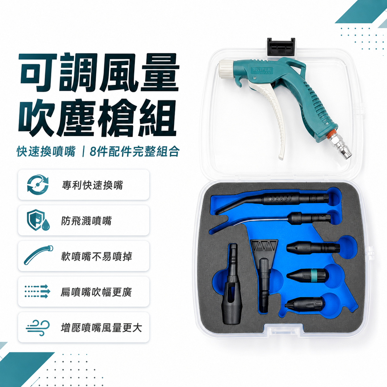 Samso｜台灣製｜專利槍型吹塵槍組｜盒裝槍型8合1套組｜空壓機吹氣槍 降噪 扁頭 錐形噴嘴 塑膠 三倍風量