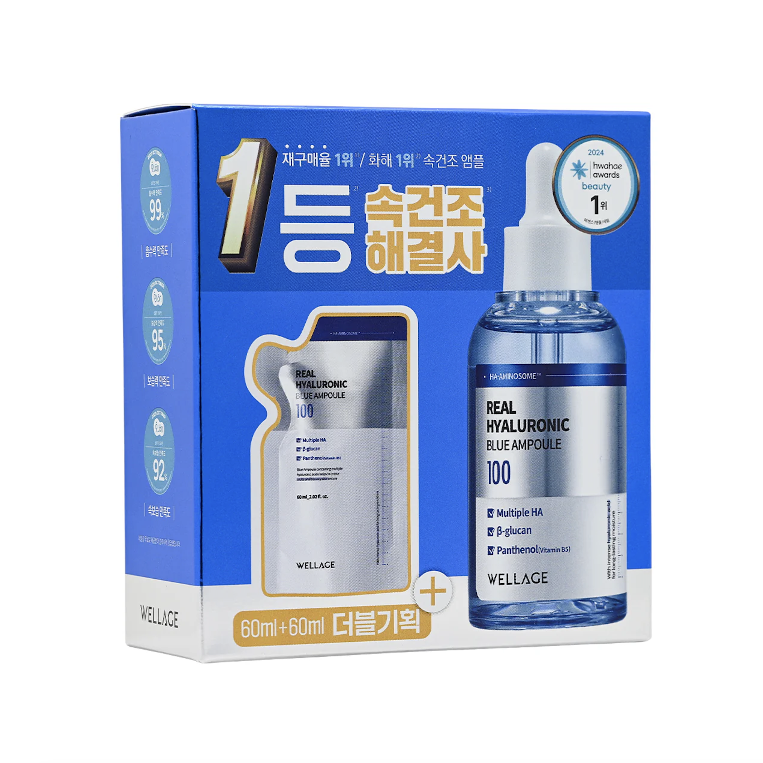 Wellage 100%純透明質酸保濕安瓶精華1+1套裝 (60ml + 60ml補充裝) (EXP:2028.04)