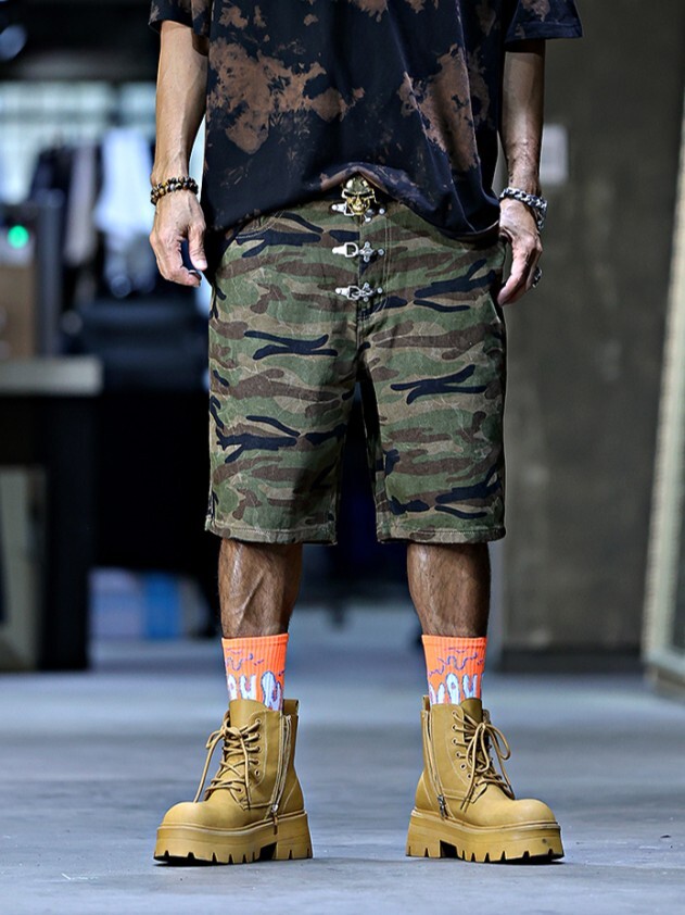 Denim shorts with hook and loop details