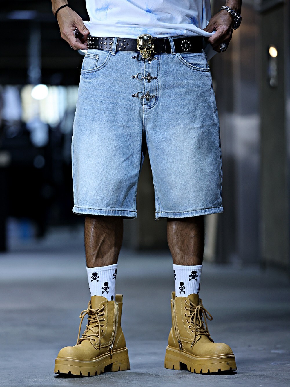 Denim shorts with hook and loop details