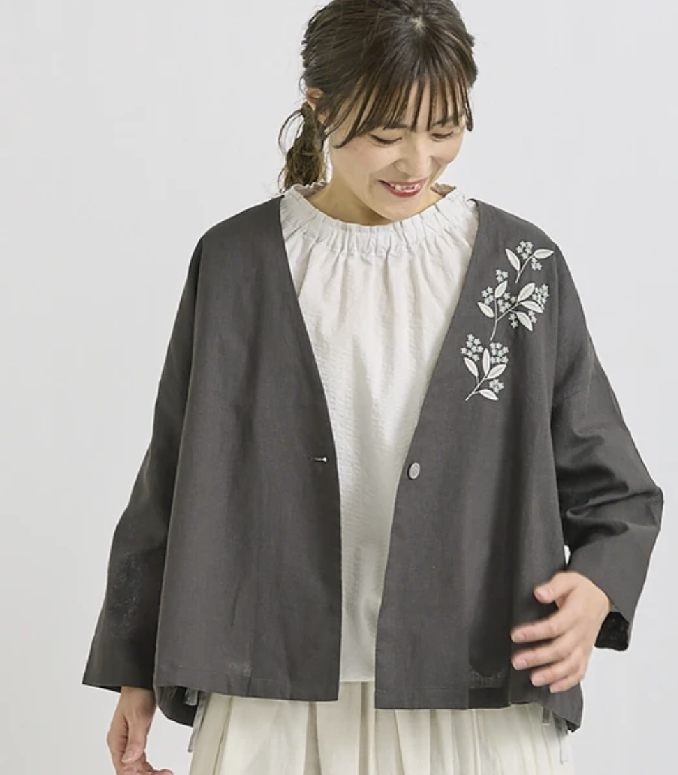 ｛預訂款｝無領刺繡綿麻外套（三色入）【日本直送】