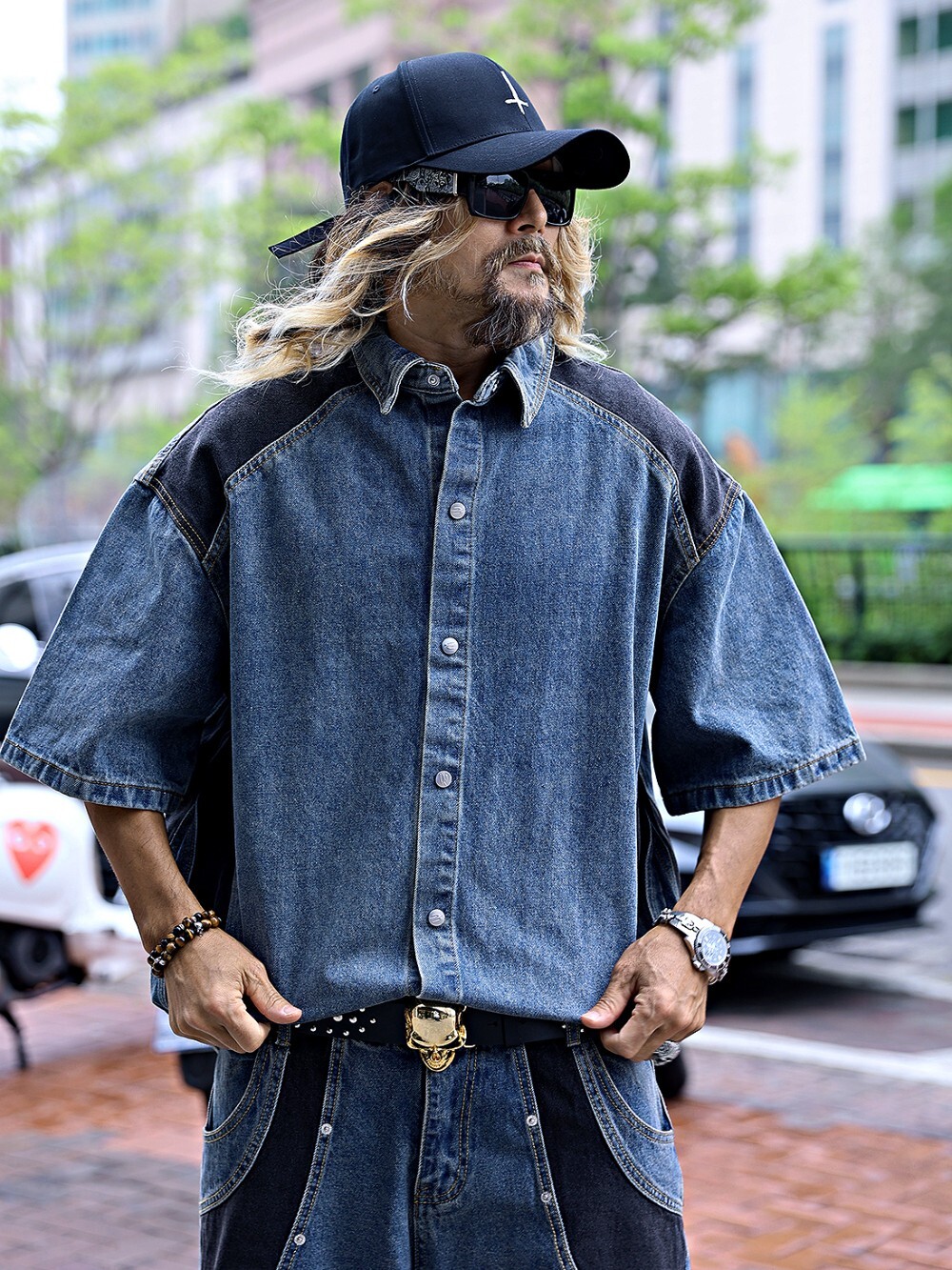 Denim color-blocked short-sleeved shirt