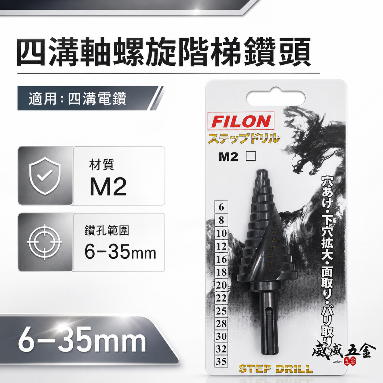 FILON｜6-35mm｜黑色-四溝柄階梯鑽｜HSS M2 四溝軸階梯鑽尾 四溝螺旋型階梯鑽頭 白鐵不鏽鋼用