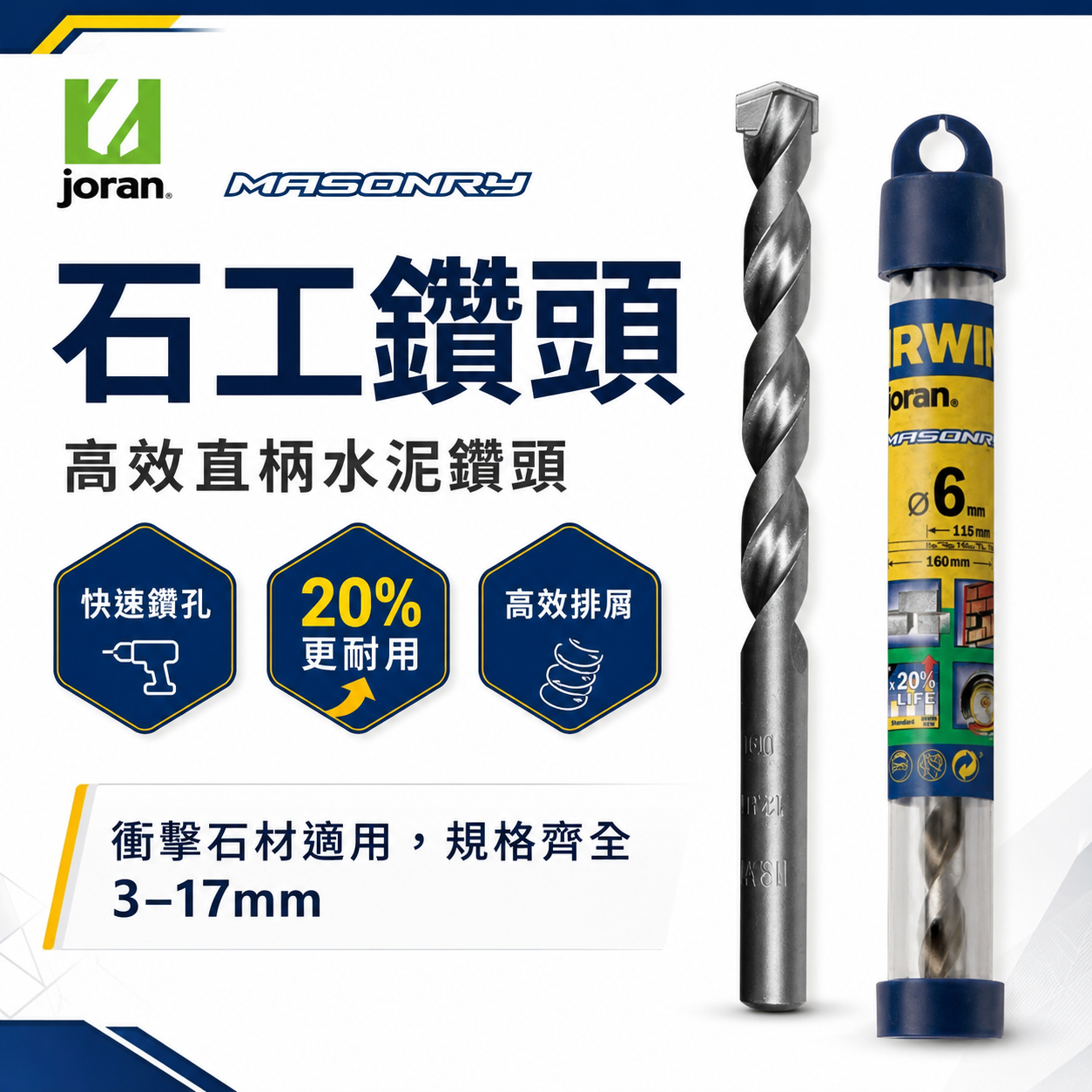 美國 IRWIN 握手牌｜3-12mm｜Joran 丹麥 直柄水泥鑽頭 直柄水泥鑽尾 水泥牆壁用直柄石工鑽頭