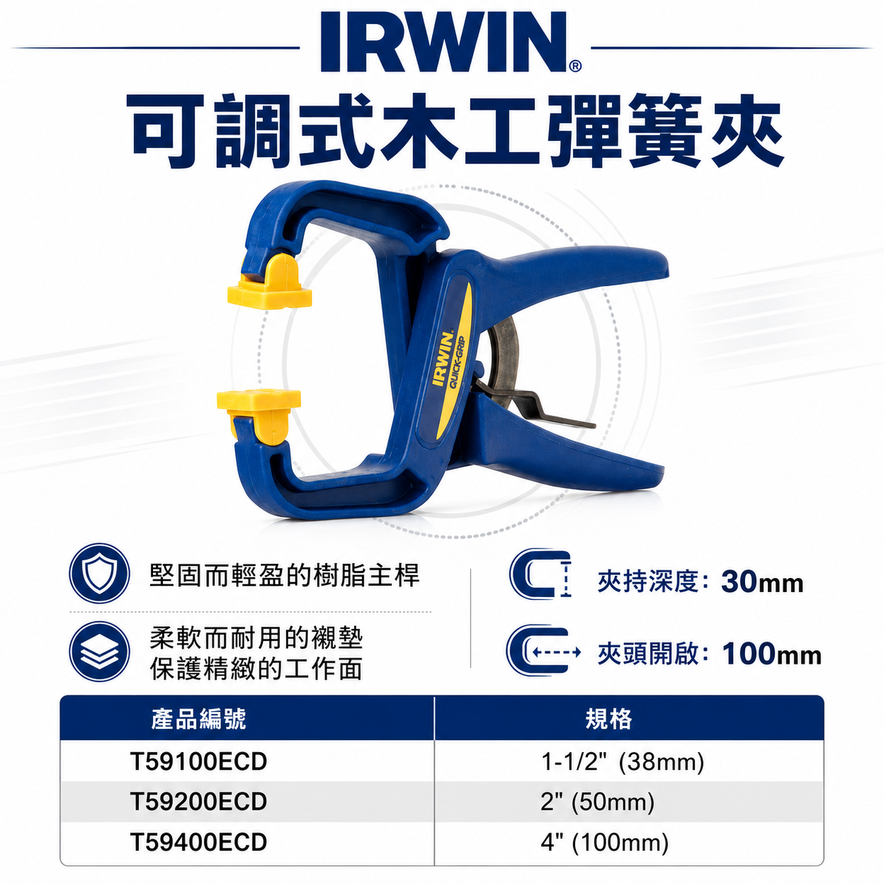美國 IRWIN 握手牌｜快速型C型夾 可調式木工夾 彈簧夾｜59100ECD 59200ECD 59400ECD