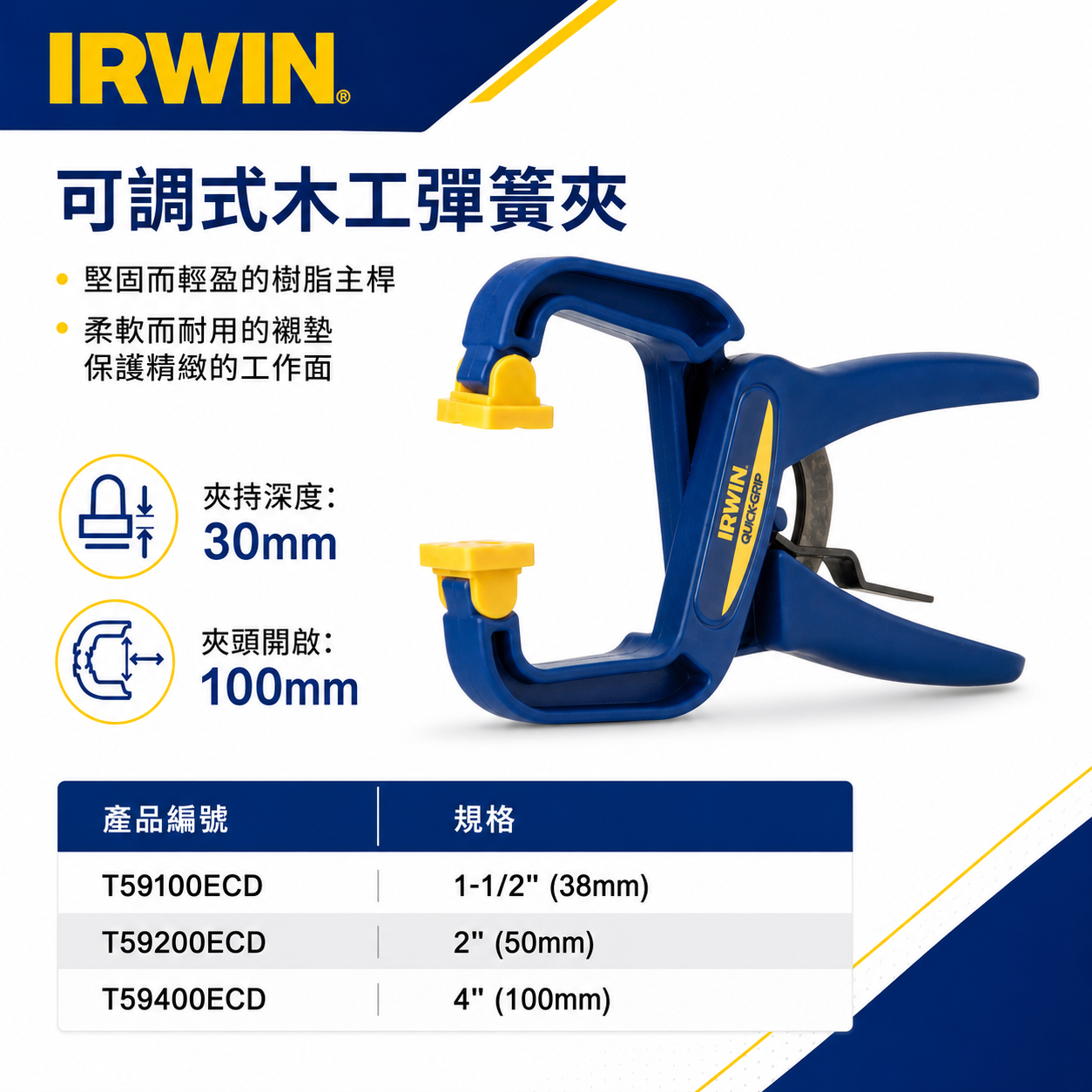 美國 IRWIN 握手牌｜快速型C型夾 可調式木工夾 彈簧夾｜59100ECD 59200ECD 59400ECD