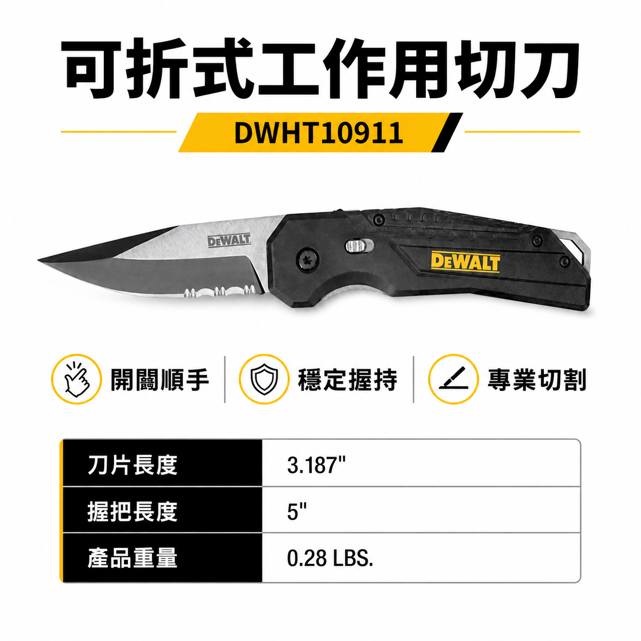DEWALT 得偉 美國｜切割折疊刀 萬用刀 可折式工作用切刀 露營刀 口袋型小刀 切割刀｜DWHT10911｜公司貨