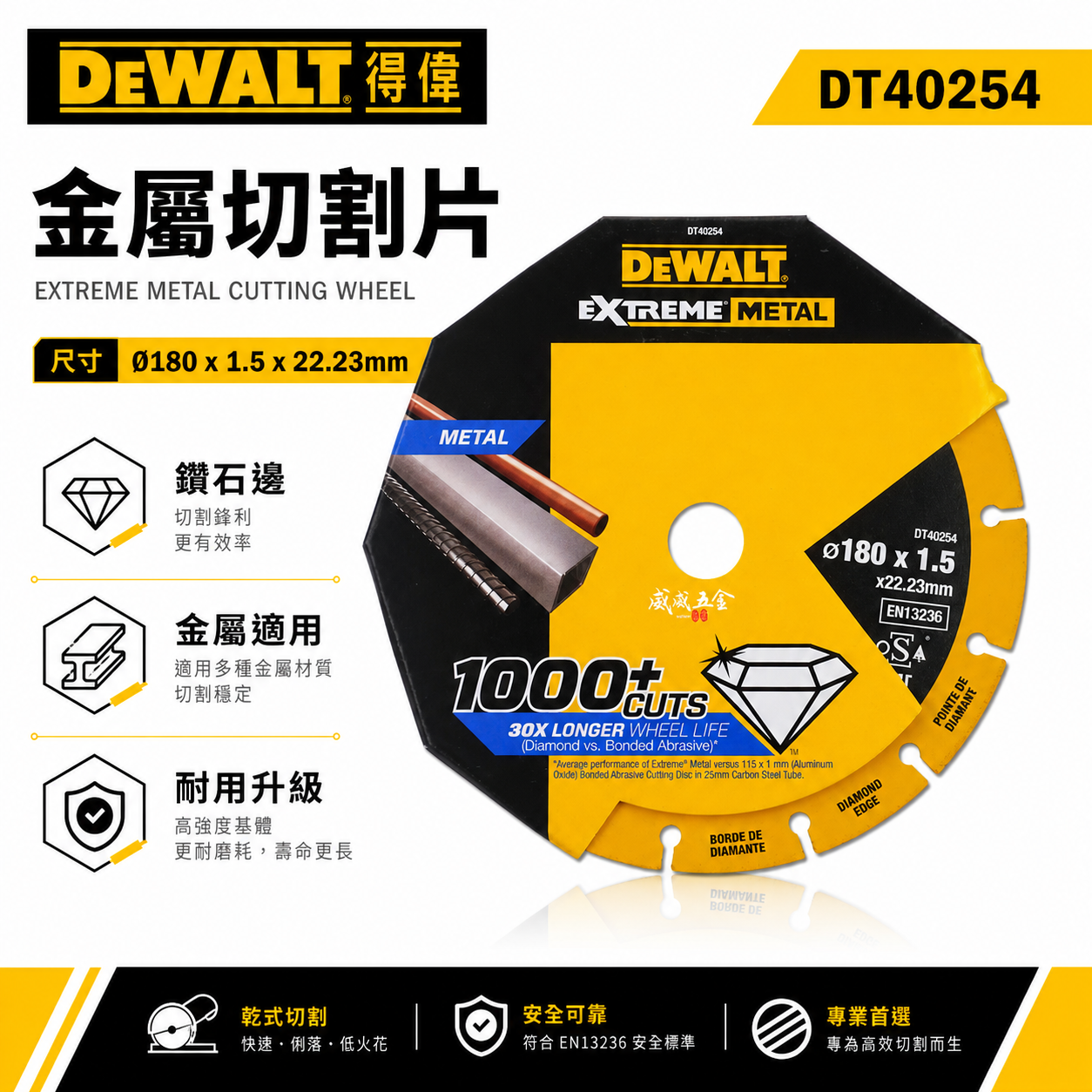 DEWALT 得偉 美國｜7吋超強鑽石金屬鋸片 7" 鋼筋鑄鐵鐵管白鐵類切割片 不鏽鋼用切片｜DT40254