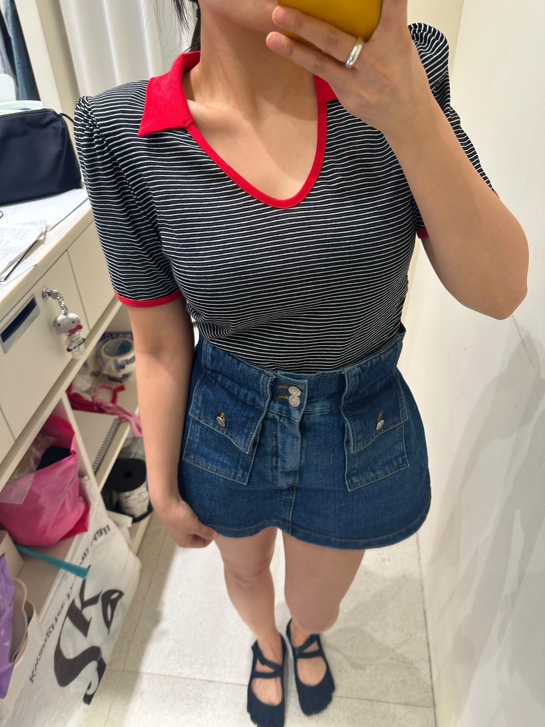 撞色領條紋T